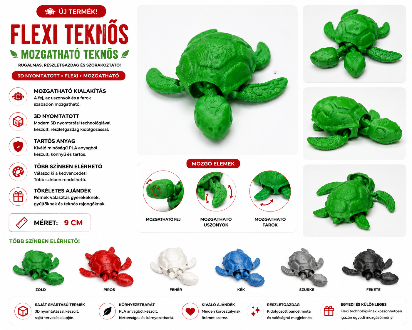 Flexi Teknős – Mozgatható 3D nyomtatott teknős 9 cm
